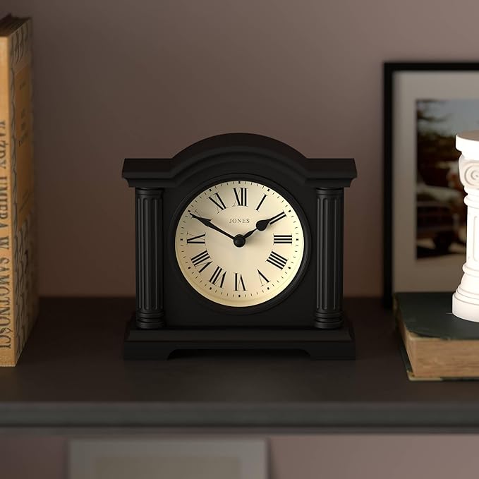 JONES CLOCKS® Kensington Mantel Clock | Classic Arch top Clock | Black | Stylish & Contemporary | Ideal for Desk, Mantelpiece, Bookshelf or Bedside