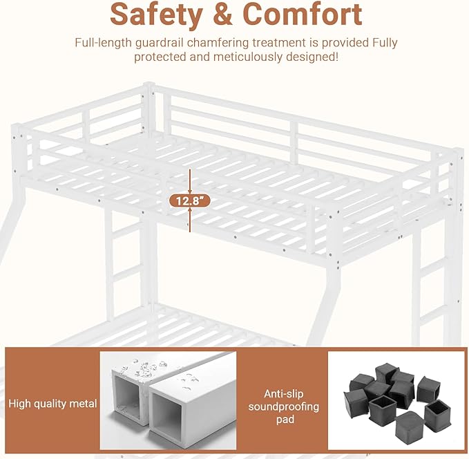 Twin XL Over Queen Bunk Bed Frame, Heavy Duty Metal Loft Bed for Adults/Teens, 350/600LB Capacity w/Ladder & Guardrail, Noise-Free Steel Slats, No Box Spring Required, White