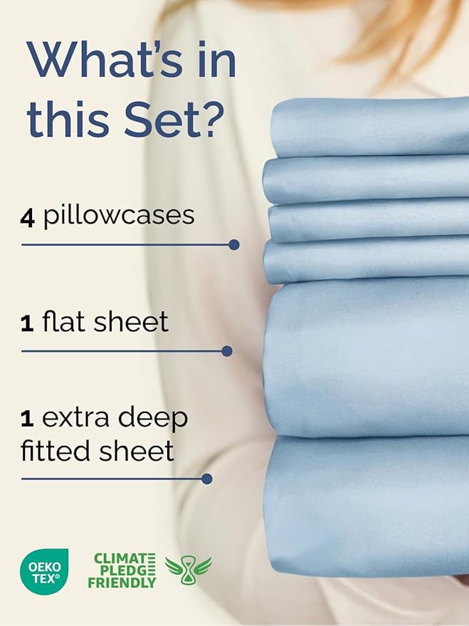 Extra Deep Queen Sheet Set - 6 Piece Breathable & Cooling Sheets - Hotel Luxury Bed Sheets Set - Easy & Secure Fit - Soft, Wrinkle Free & Comfy Sheets Set - Sky Blue Sheet Set with Extra Deep Pockets