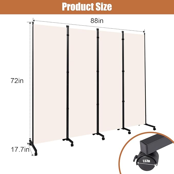 Room Divider Folding Privacy Screens with Wheels, 6FT Tall Divider for Room Separation, Movable Room Partitons and Dividers, Indoor Room Dividers Panel with Fabric (Beige, 4 Panel-88‘’-Wheels)