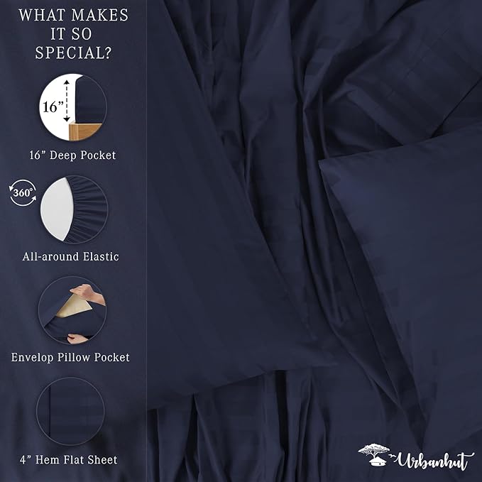 URBANHUT 800 Thread Count 100% Cotton Damask Full Size Sheets, 4 Piece Striped Full Size Bedsheets, Luxury Hotel Sheets Sateen Weave - Better Than Egyptian, 16" Elasticized Deep Pocket- Navy Blue