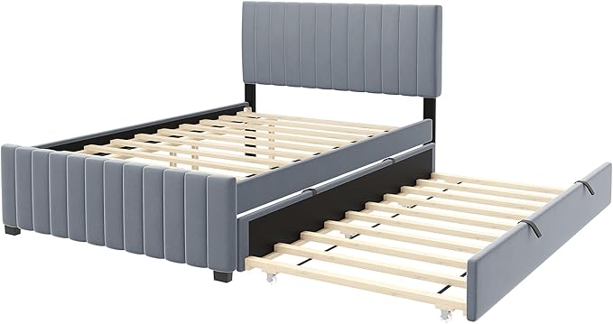 Full Bed Frame with Trundle Bed,Velvet Upholstered Platform Bed Frame,Full Size Trundle Bed with Headboard for Kids Teens Adults(Gray)