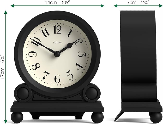 JONES CLOCKS® Maida Vale Mantel Clock | Small Traditional Desk Clock | Black | Pretty & Charming Ideal for Mantelpiece, Bookshelf or Bedside