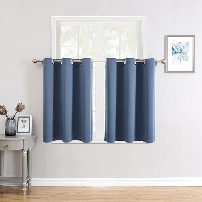 ChrisDowa Small Window Curtains for Kitchen and Bedroom - Grommet Short Thermal Insulated Room Darkening Curtains (2 Panels, Stone Blue, 36 x 24 Inch)