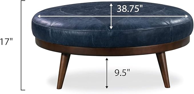 POLY & BARK Gio Ottoman – 30” Round with Feather-Down Topper – Full-Grain Leather Upholstery – Couch Ottoman for Living Room – Vintage Italian Leather in Midnight Blue