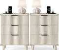 Lulive Wood Night Stand Set 2 Fluted Dresser for Bedroom 3 Drawers End Tables Nightstand with Charging Station, Side Table White Oak