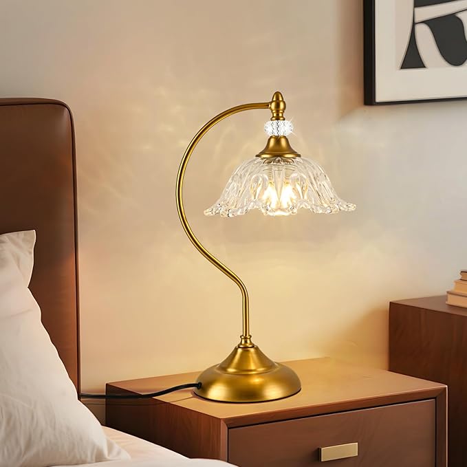 Vintage Table Lamp with a Floral Clear Glass Shade, A Plug-in Nightstand Lamp in Matte Brass Finish for Bedroom, Living Room,Office, and Desk