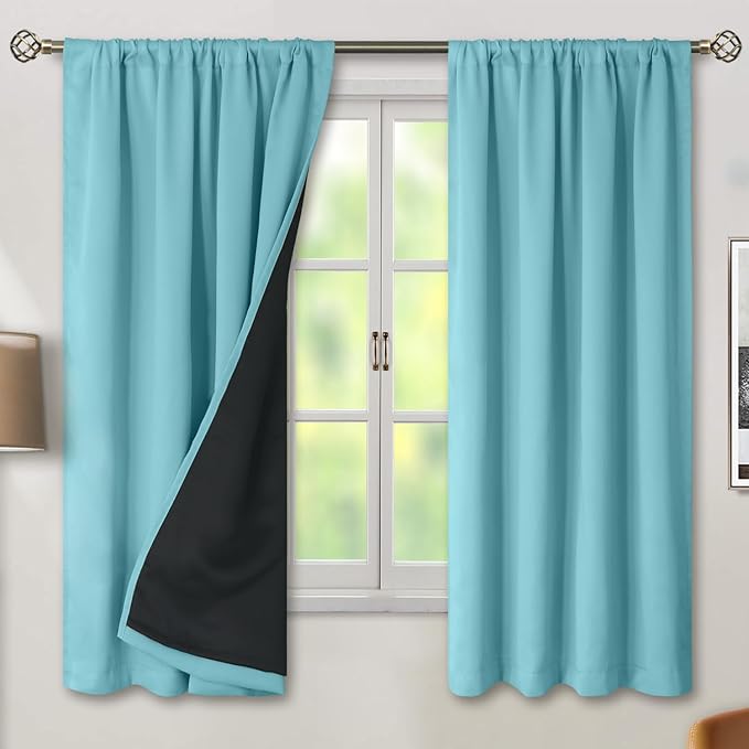 BGment 100% Blackout Curtains for Bedroom 63 Inch Length, Full Room Darkening Curtains for Living Room Rod Pocket with Thermal Insulated Liner, Each Window Curtains 2 Panels, 52 x 63 Inch, Aqua