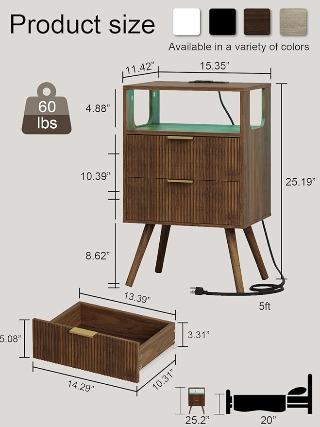 Nightstand with Charging Station and LED Lights, Modern Bedside Table with 2 Storage Drawer and Open Wood Shelf for Bedroom and Small Spaces, Night Stand with Solid Wood Legs