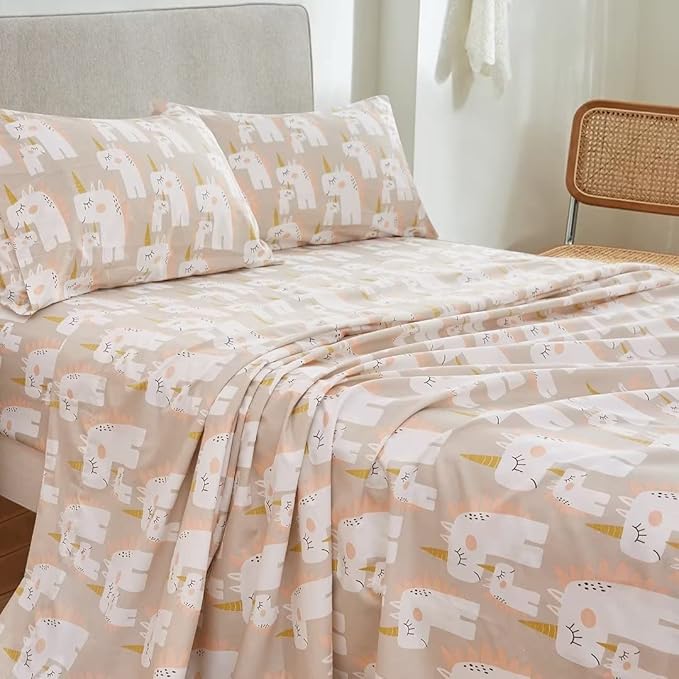 JSD Pink Unicorn Kids Sheet Set Full Size, 4 Piece Girls Printed Microfiber Bed Sheets Deep Pocket