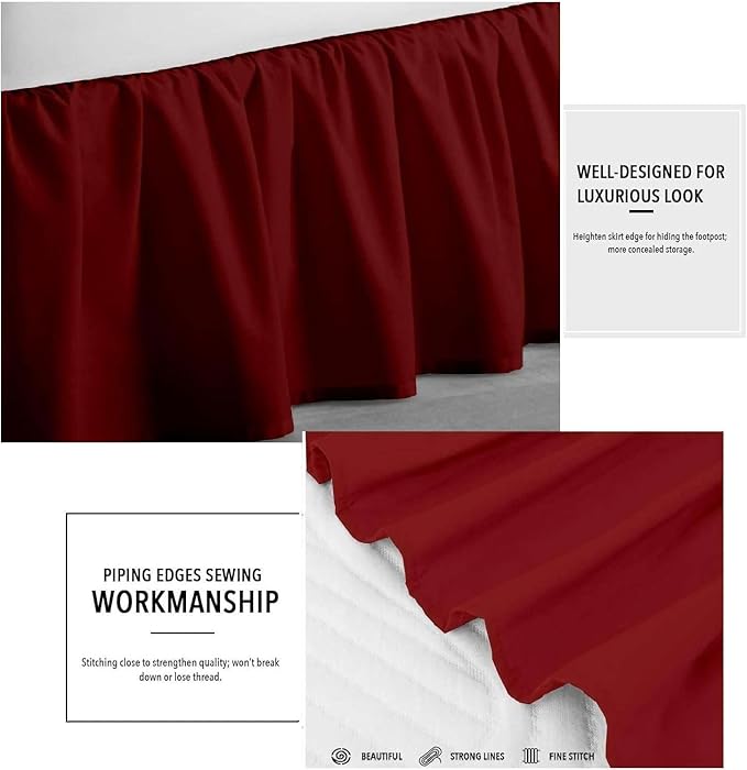 Burgundy Solid Ruffled Bed Skirt Twin-XL-21 Inch Drop Split Corner, Microfiber Bedskirt with Platform Three Sided Coverage