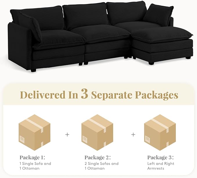 112'' Sectional Modular Cloud Couch, Oversized L Shaped 3 Seat Sofa with Movable Ottomans, 2 Throw Pillows, Upholstered Corduroy L Shape Comfy Deep Couches for Living Room and Office, Black