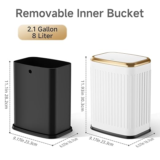 TIPGO Bathroom Trash Can with Lid, 2.1 Gallon / 8 Liter Small Garbage Can, Press Top Bin, Stainless Steel Wastebasket with Pop-Up Lid for Bedroom, Living Room, Office (White)