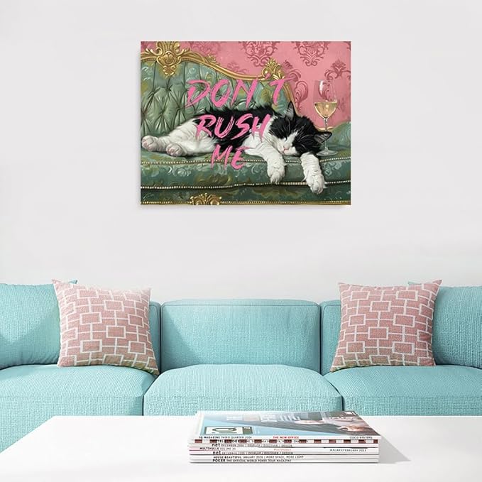 Pveror Funny Cat Wall Art Canvas Dont Rush Me Sleeping Black White Cat Painting Vintage Sofa Style Humorous Decor for Living Room Bedroom Office Pet Lover Gift Modern Home Decor 12x16 Inches