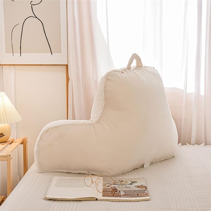 Holawakaka Standard Faux Fur Bed Rest Pillow with Arms, Rabbit Fur Reading Pillows Perfect for Adults, Teens, Kids, Arm, Back, Pregnancy Lumbar & Head Neck Coccyx Lower Back Support Cushion (Ivory)