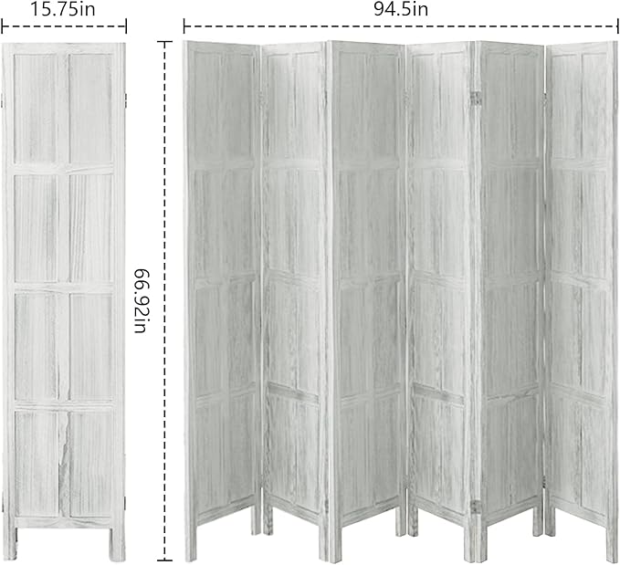 Wood Room Divider 6 Panel Folding Privacy Screen, Classic 5.6Ft Indoor Wooden Partition, Portable Partition Wall Divider for Room Separation, Home, Office, Bedroom, Restaurant (White)