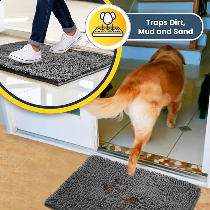 Muddy Mat® AS-SEEN-ON-TV Highly Absorbent Microfiber Door Mat and Pet Rug, Non Slip Thick Washable Area and Bath Mat Soft Chenille for Kitchen Bathroom Bedroom Indoor and Outdoor - Grey 6ft x 9ft