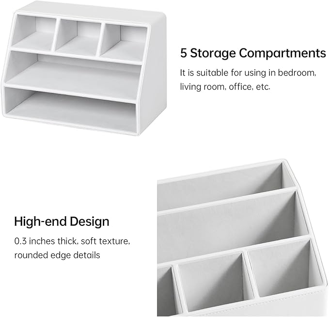 MEIBOOCH PU Leather Desk Organizer, Luxury Remote Control Holder for Home, Office Desk Accessories Table Caddy Bedside Nightstand Organizer (White)