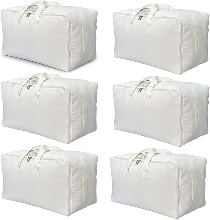 Soft Canvas Clothes Storage Bags with Four Carrying Handles and Clear Window, Closet Organizer for Clothing, Blankets Sheets Pillows and Bedding, 55L, 6 Pack, White