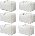 Soft Canvas Clothes Storage Bags with Four Carrying Handles and Clear Window, Closet Organizer for Clothing, Blankets Sheets Pillows and Bedding, 55L, 6 Pack, White