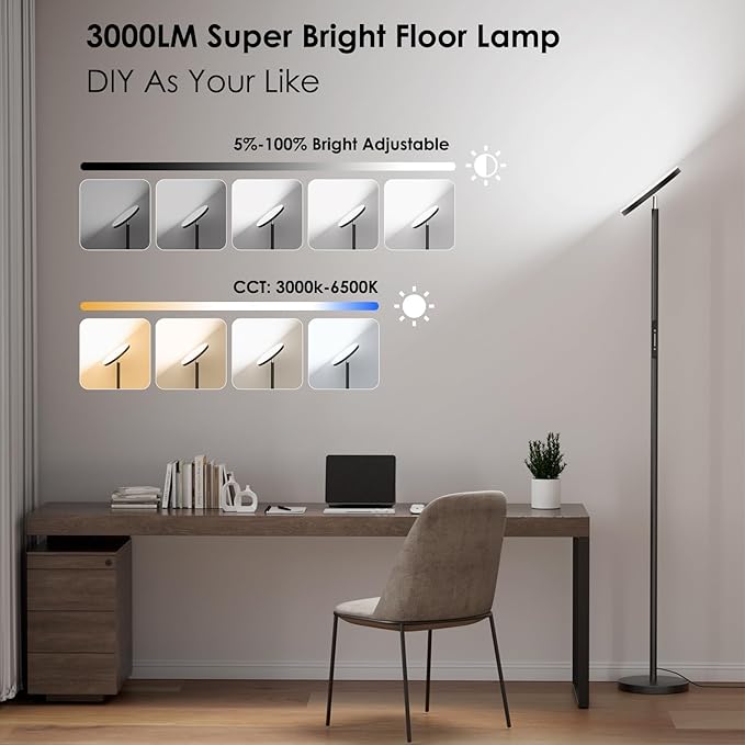 Floor Lamps for Living Room, 32W 3000LM Super Bright LED Torchiere Floor Lamp with Remote & Touch Control, 69" Modern Tall Standing Lamp with 350°Rotating Head for Reading Office Bedroom (Black)