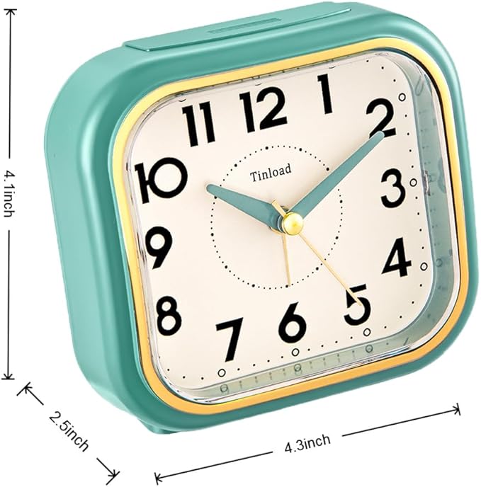 4.3" Retro Analog Alarm Clock • Silent Non Ticking • Gentle Wake • Beep Sounds • Increasing Volume • Battery Operated Snooze and Lighted on Demand • Retro Green