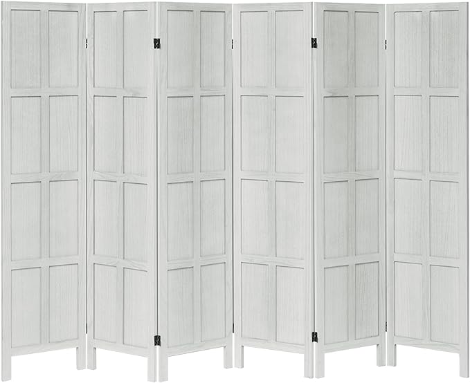 Wood Room Divider 6 Panel Folding Privacy Screen, Classic 5.6Ft Indoor Wooden Partition, Portable Partition Wall Divider for Room Separation, Home, Office, Bedroom, Restaurant (White)