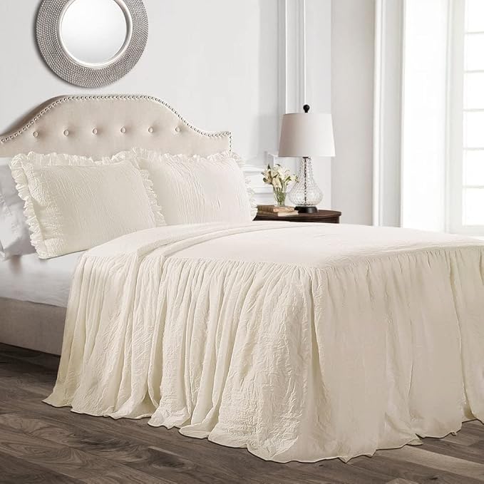Lush Decor Ruffle Skirt Bedspread Set - 2-Piece Luxurious Farmhouse Bedding - Elegant Ruffle Detail - Timeless Style - Soft Lightweight Sheets - Twin, White