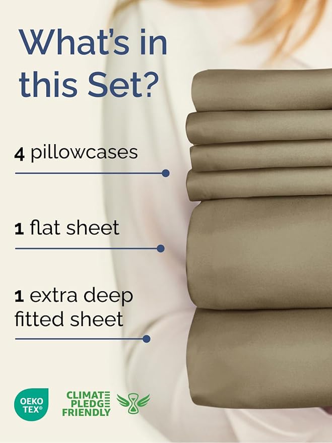 Extra Deep Full Sheet Set - 6 Piece Breathable and Cooling Sheets - Hotel Luxury Bed Sheets Set - Easy & Secure Fit - Soft, Wrinkle Free and Comfy Sheets Set - Khaki Sheet Set with Extra Deep Pockets