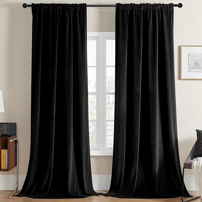Joydeco Black Velvet Curtains 96 inch Length 2 Panels, Luxury Blackout Rod Pocket Thermal Insulated Window Curtains, Super Soft Room Darkening Drapes for Living Dining Room Bedroom,W42 x L96 inches