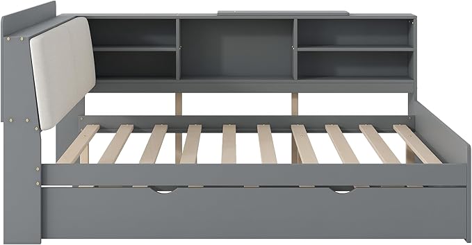 Ball & Cast Full Size Wooden Storage Daybed Frame, Modern Platform Bed with Trundle & Flip Headboard & Shelves, L Shaped Full Floor-Bed w/Upholstered Headboard&Storage, No Box Spring Needed, Gray