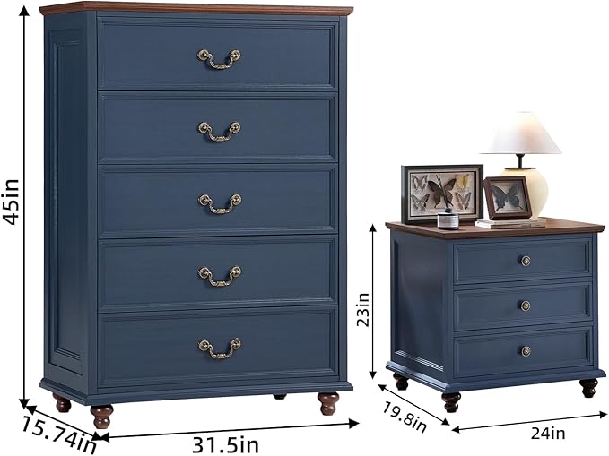 24" Wide Farmhouse Nightstand Set of 2, 45" Tall Rustic Chests of 5 Drawers w/ 4 Solid Wood Feet, Farmhouse Furniture Series for Living Room,Bedroom,DarkBlue