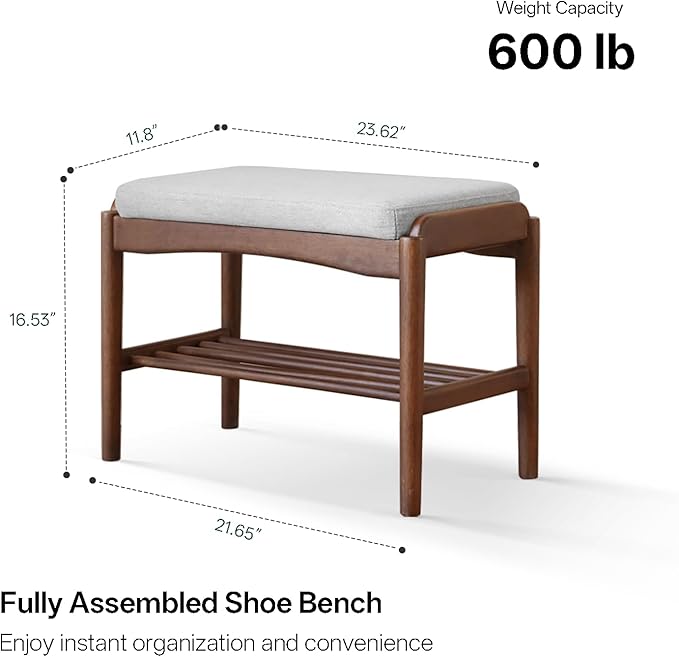 Black Walnut Shoe Bench Assembled, Solid Wood Shoe Rack Bench with Cushion for Entryway, Living Room, Bedroom, Hallway, 11.8" x 23.6" x 16.5"
