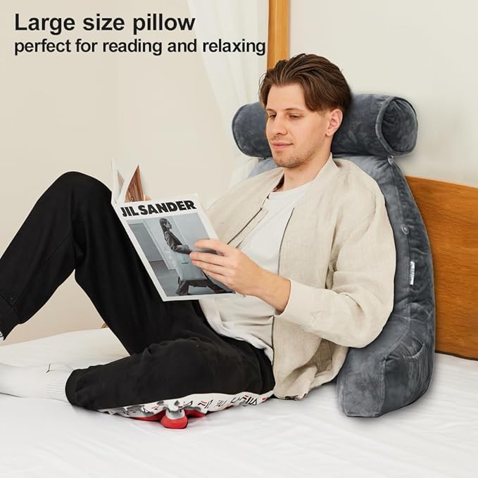 mittaGonG Extra Large Reading Pillow for Sitting in Bed Adult with Detachable Neck Support Cushion & Backrest Pillow for Bed with Arms and Side Pocket Shredded Foam Back Pillow with Washable Cover