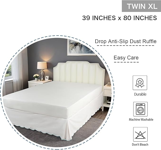 HIG Off-White Chic Twin XL Bed Skirt - Easy Fit Scallop Edge Pleated Bedskirts, 14 Inch Drop Anti-Slip Dust Ruffle, Thick Fabric for Enhanced Privacy, Pre-Washed for Long-Lasting Use(N60022)