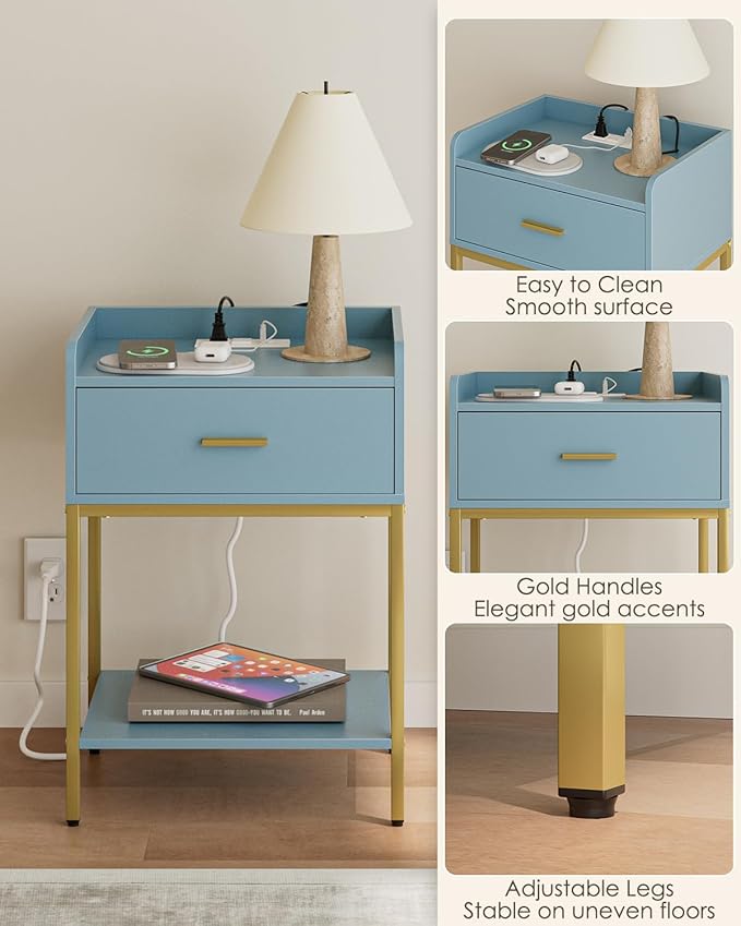 Masupu Nightstand with Charging Station,3-Tier Modern Bedside Night Stand with Storage Drawer and Shelf,Small End Side Table for Bedroom,Living Room,Gold and Blue