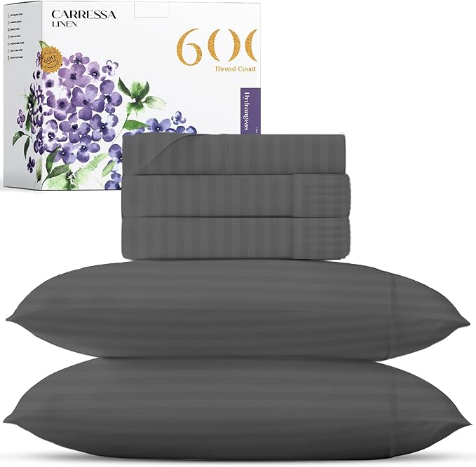 Carressa Linen Striped Split King Sheets Sets for Adjustable Bed - 100% Egyptian Cotton 600 Thread Count 5 PC Top Split King Sheet (Dark Grey), 16" Deep Pocket Soft Cooling Luxury Hotel Damask Sheets