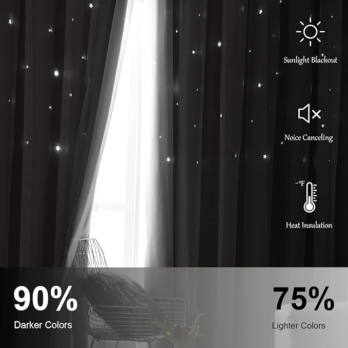 Star Curtains Blackout Curtains for Bedroom Kids Room Curtains Nursery Curtains Double Layer Curtains Kids Curtains for Boys, Blackout Curtains 108 Inches Long, Grey Curtains, 52 X 108 Inches