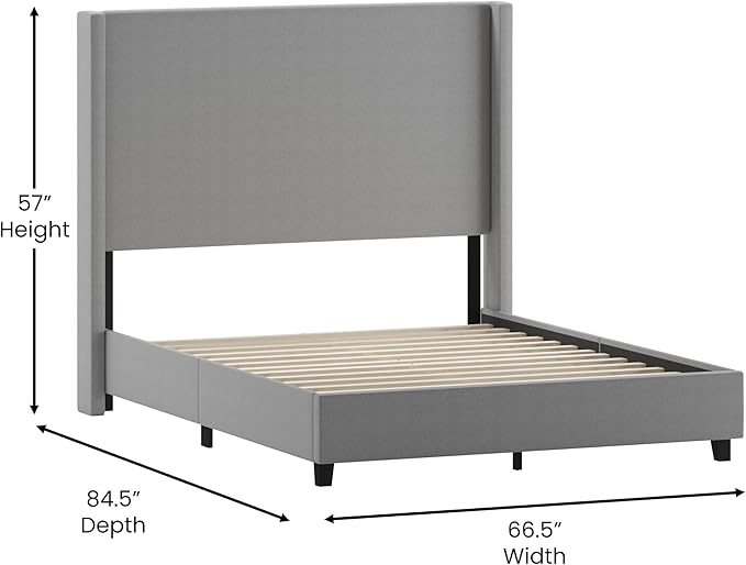 EMMA + OLIVER Nora Queen Size Faux Linen Upholstered Platform Bed with Plush Padded Wingback Headboard (No Box Spring Needed), Modern Upholstered Headboard Queen Bed Frame, Gray