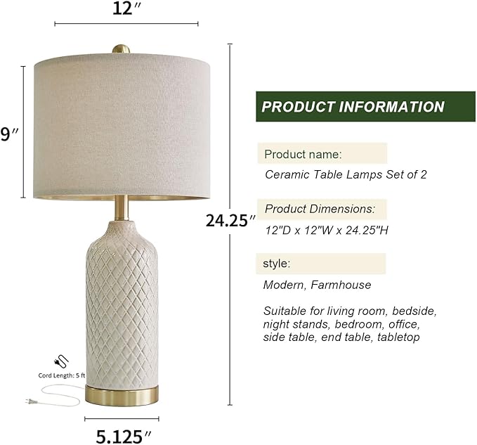 24.25" Table Lamps Set of 2 Modern Ceramic Lamps for Living Room Bedside Lamps Gold for Night Stands Boho Bedroom Lamp Farmhouse Side End Table Lamps