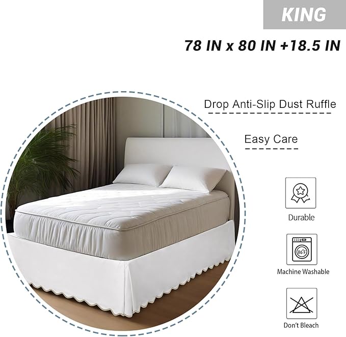 HIG King Bed Skirt - Easy Fit Scallop Edge Pleated Bedskirts with Spilt Coner, 18 Inch Drop Anti-Slip Dust Ruffle, Thick Fabric for Enhanced Privacy, Pre-Washed for Long-Lasting Use, Machine Washable