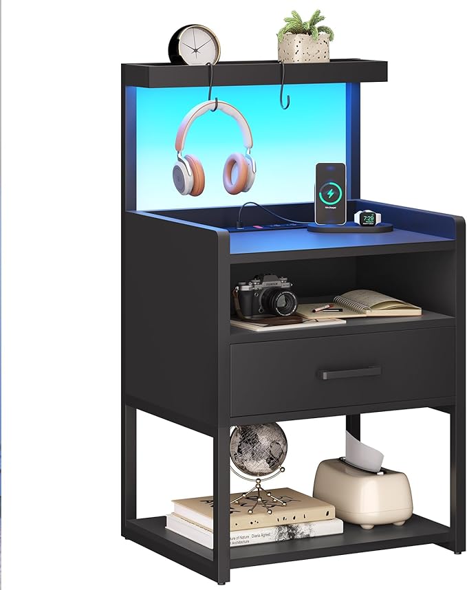 VIAGDO Nightstand with Charging Station and LED Lights, Black Night Stand with Drawer, Modern End Side Table with Open Storage Shelves, Bedside Tables for Bedroom, Office