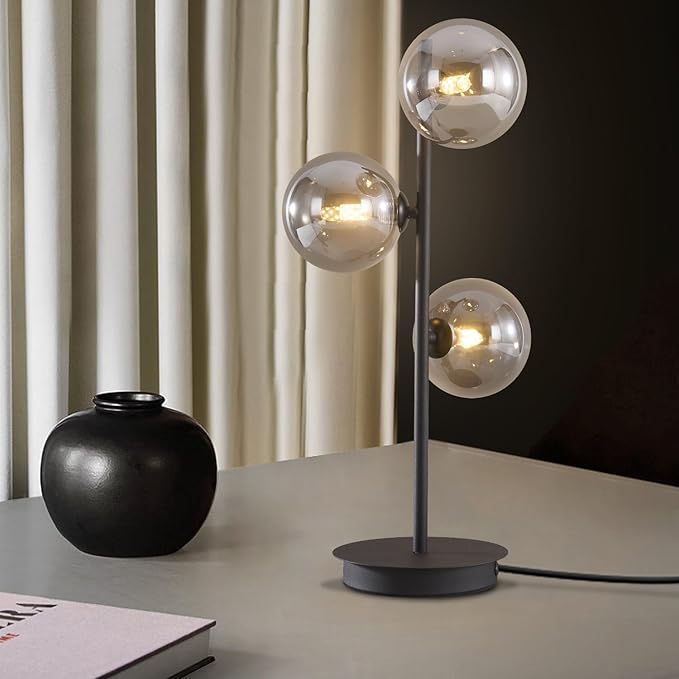 Mid Century Modern Table Lamp, Black 3 Light Reading Lamp with Smoky Grey Glass Shade, Bedside Lamp for Bedroom Living Room Study Room