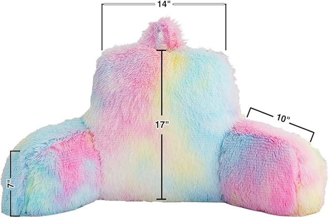 Holawakaka Shaggy Reading Pillow for Bed and Sofa Couch Sitting Up, Tie Dye Backrest Pillows with Arms for Kids Teens Adults, Back Support Cushion for Lounging, Watching TV, Working on Laptop