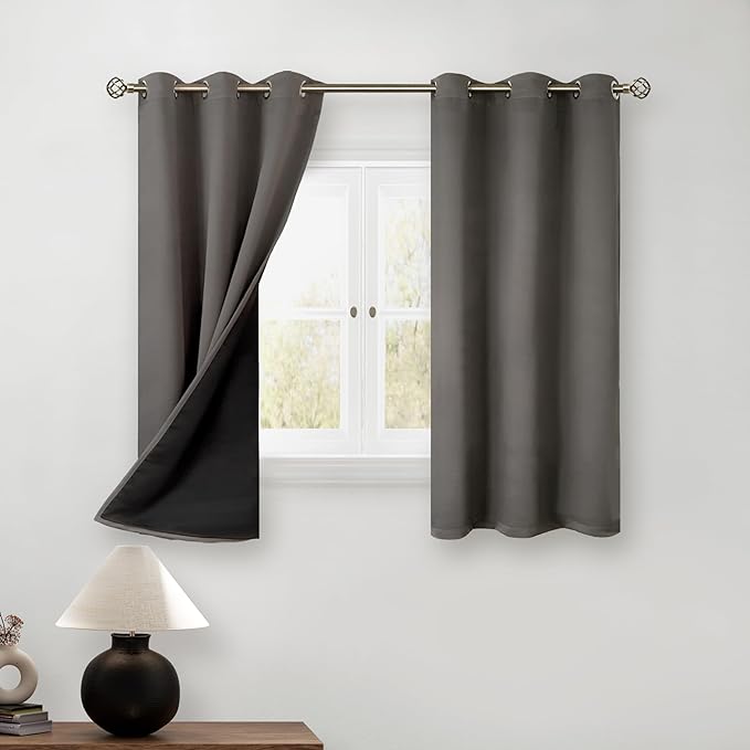 BGment Short 100% Blackout Curtains for Bedroom, Thermal Insulated Energy Efficiency Noise Reducing Grommet Curtains 45 Inch Length with Liner for Small Window 2 Panels Each 42 Inch Wide, Grey