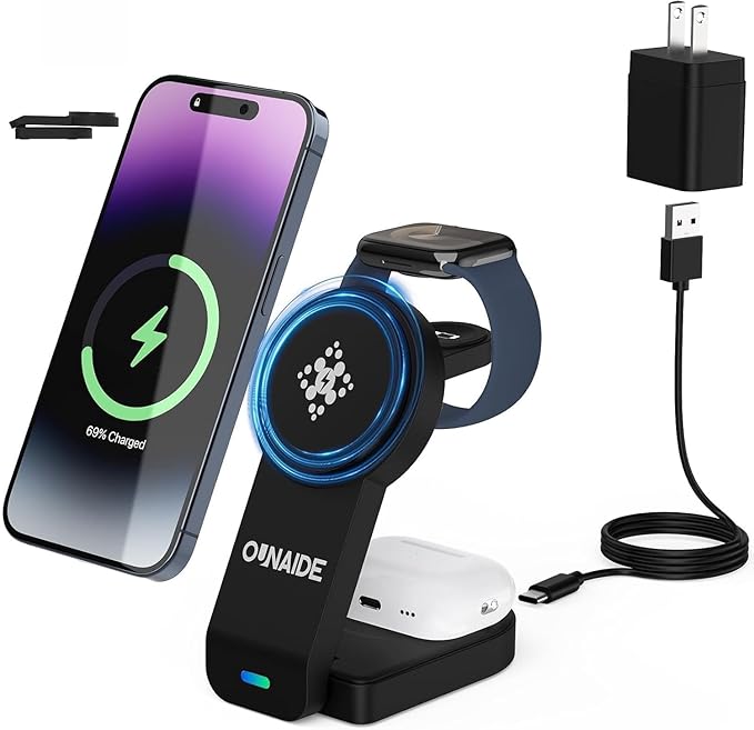 3-in-1 Charging Station for Apple MagSafe Charger, Foldable Wireless Charging Station Magnetic Charger Stand for iPhone 17 Air/16/15/14/13/12 Series/Apple Watch10-2/Airpods (Black)