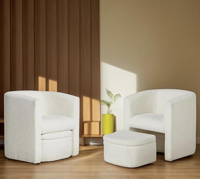 Mid-Century Velvet Living Room Chair with Storage Ottoman, Space-Saving Accent Chairs for Bedroom/Reading Spaces/Office, Cream