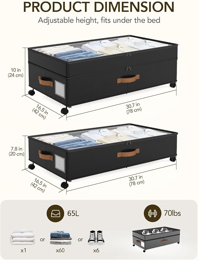 Under Bed Storage with Wheels, 10 inches Under Bed Storage Containers, 65L XXL Large Adjustable Underbed with Lids, Rolling Underbed Storage bins for Shoes, Clothes, Blankets, Black