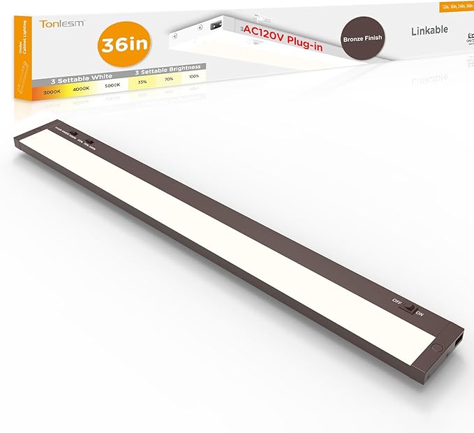 36 Inch Under Cabinet Lighting Plug in, 20W 120V 3 Color 3000K/4000K/5000K, 3 Brightness, Super Bright, Ultra Thin Under Counter Lights for Kitchen, Linkable LED Cabinet Light, Bronze