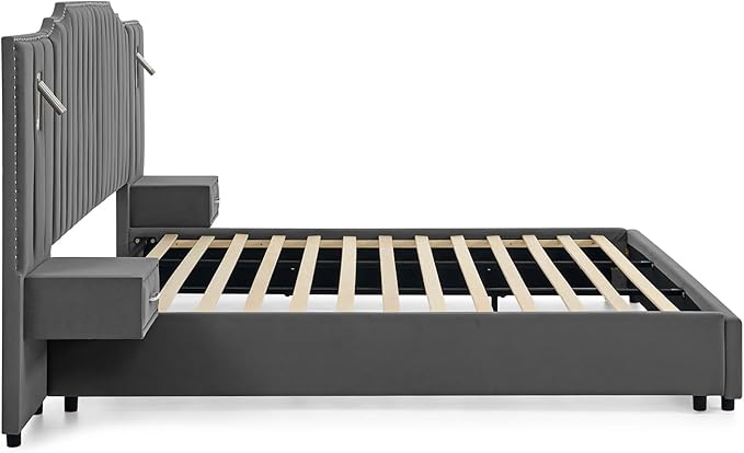 King Size Bed Frame with Storage, Luxury King Platform Bed Frame with Headboard, Velvet Fabric Upholstered Bedframe with LED Lights, Solid Frame & Bedside Table, No Box Spring Needed, Gray